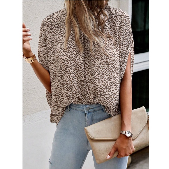Spotted Print Beige Blouse Top Flowy, High Neck - Picture 4 of 13